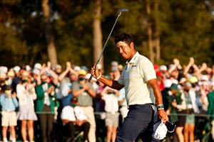 AUGUSTA, GEORGIA - APRIL 11: Hideki Matsuyama of Japan celebrates on the 18th green after winning the Masters at Augusta National Golf Club on April 11, 2021 in Augusta, Georgia. (Photo by Jared C. Tilton/Getty Images)