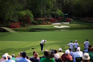AUGUSTA, GEORGIA - APRIL 11: Hideki Matsuyama of Japan plays his shot from the 12th tee during the final round of the Masters at Augusta National Golf Club on April 11, 2021 in Augusta, Georgia. (Photo by Mike Ehrmann/Getty Images)