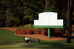AUGUSTA, GEORGIA - APRIL 11: Justin Rose of England lines up a putt on the tenth green during the final round of the Masters at Augusta National Golf Club on April 11, 2021 in Augusta, Georgia. (Photo by Mike Ehrmann/Getty Images)