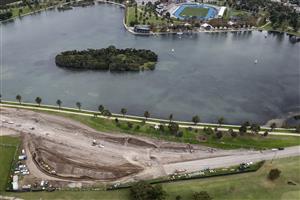 MELBOURNE, AUSTRALIA - APRIL 14: Works can been see on alterations being made to turns 9 and 10 at the Formula 1 Australian Grand Prix track in Albert Park on April 14, 2021 in Melbourne, Australia. (Photo by Darrian Traynor/Getty Images)