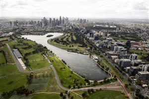 MELBOURNE, AUSTRALIA - APRIL 14: Works can been see on alterations being made to turn 13 at the Formula 1 Australian Grand Prix track in Albert Park on April 14, 2021 in Melbourne, Australia. (Photo by Darrian Traynor/Getty Images)