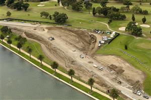 MELBOURNE, AUSTRALIA - APRIL 14: Works can been see on alterations being made to turns 9 and 10 at the Formula 1 Australian Grand Prix track in Albert Park on April 14, 2021 in Melbourne, Australia. (Photo by Darrian Traynor/Getty Images)