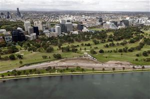 MELBOURNE, AUSTRALIA - APRIL 14: Works can been see on alterations being made to turns 9 and 10 at the Formula 1 Australian Grand Prix track in Albert Park on April 14, 2021 in Melbourne, Australia. (Photo by Darrian Traynor/Getty Images)