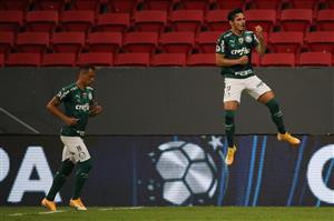 BRASILIA, BRAZIL - APRIL 14: Raphael Veiga of Palmeiras celebrates with teammate Breno after scoring the first goal of his team via penalty during a match between Palmeiras and Defensa y Justicia as part of the second leg of the Conmebol Recopa at Mane Garrincha Stadium on April 14, 2021 in Brasilia, Brazil. (Photo by Buda Mendes/Getty Images)