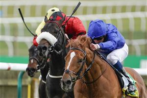 NEWMARKET, ENGLAND - APRIL 15: William Buick riding Creative Force win The Each Way Extra At bet365 Handicap at Newmarket Racecourse on April 15, 2021 in Newmarket, England. Sporting venues around the UK remain under restrictions due to the Coronavirus Pandemic. Only owners are allowed to attend the meeting but the public must wait until further restrictions are lifted. (Photo by Alan Crowhurst/Getty Images)