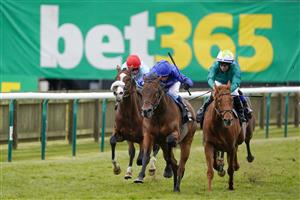 NEWMARKET, ENGLAND - APRIL 15: William Buick riding Al Waqidi (all blue) win The bet365 British EBF 'Confined' Novice Stakes at Newmarket Racecourse on April 15, 2021 in Newmarket, England. Sporting venues around the UK remain under restrictions due to the Coronavirus Pandemic. Only owners are allowed to attend the meeting but the public must wait until further restrictions are lifted. (Photo by Alan Crowhurst/Getty Images)