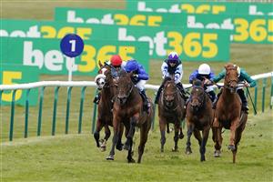 NEWMARKET, ENGLAND - APRIL 15: William Buick riding Al Waqidi (all blue) win The bet365 British EBF 'Confined' Novice Stakes at Newmarket Racecourse on April 15, 2021 in Newmarket, England. Sporting venues around the UK remain under restrictions due to the Coronavirus Pandemic. Only owners are allowed to attend the meeting but the public must wait until further restrictions are lifted. (Photo by Alan Crowhurst/Getty Images)