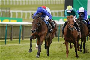 NEWMARKET, ENGLAND - APRIL 15: William Buick riding Al Waqidi (all blue) win The bet365 British EBF 'Confined' Novice Stakes at Newmarket Racecourse on April 15, 2021 in Newmarket, England. Sporting venues around the UK remain under restrictions due to the Coronavirus Pandemic. Only owners are allowed to attend the meeting but the public must wait until further restrictions are lifted. (Photo by Alan Crowhurst/Getty Images)
