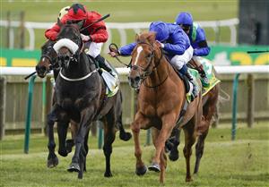 NEWMARKET, ENGLAND - APRIL 15: William Buick riding Creative Force (blue) win The Each Way Extra At bet365 Handicap at Newmarket Racecourse on April 15, 2021 in Newmarket, England. Sporting venues around the UK remain under restrictions due to the Coronavirus Pandemic. Only owners are allowed to attend the meeting but the public must wait until further restrictions are lifted. (Photo by Alan Crowhurst/Getty Images)