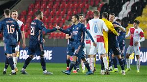 PRAGUE, CZECH REPUBLIC - APRIL 15: Dani Ceballos and Calum Chambers of Arsenal celebrate following the UEFA Europa League Quarter Final Second Leg match between Slavia Praha and Arsenal FC at Sinobo Stadium on April 15, 2021 in Prague, Czech Republic. (Getty Images)
