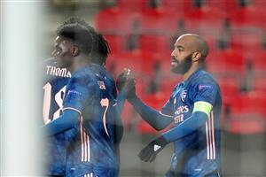 PRAGUE, CZECH REPUBLIC - APRIL 15: Alexandre Lacazette of Arsenal celebrates with teammates after scoring their team's fourth goal during the UEFA Europa League Quarter Final Second Leg match between Slavia Praha and Arsenal FC at Sinobo Stadium on April 15, 2021 in Prague, Czech Republic. (Getty Images)