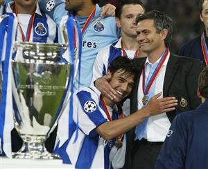 GELSENKIRCHEN, GERMANY - MAY 26: Nuno Valente of FC Porto hugs his manager Jose Dos Santos Mourinho after winning the Champions League during the UEFA Champions League Final match between AS Monaco and FC Porto at the AufSchake Arena on May 26, 2004 in Gelsenkirchen, Germany. (Getty Images)