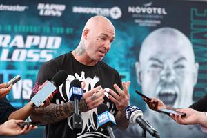 WOLLONGONG, AUSTRALIA - APRIL 20: Lucas Browne speaks to the media during the weigh in ahead of his bout with Paul Gallen at Novotel Wollongong Northbeach on April 20, 2021 in Wollongong, Australia. (Getty Images)