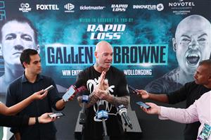 WOLLONGONG, AUSTRALIA - APRIL 20: Lucas Browne speaks to the media during the weigh in ahead of his bout with Paul Gallen at Novotel Wollongong Northbeach on April 20, 2021 in Wollongong, Australia. (Getty Images)