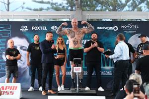 WOLLONGONG, AUSTRALIA - APRIL 20: Lucas Browne poses during the weigh in ahead of his bout with Paul Gallen at Novotel Wollongong Northbeach on April 20, 2021 in Wollongong, Australia. (Getty Images)