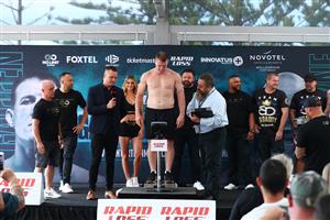 WOLLONGONG, AUSTRALIA - APRIL 20: Paul Gallen weighs in ahead of his bout with Lucas Browne at Novotel Wollongong Northbeach on April 20, 2021 in Wollongong, Australia. (Getty Images)