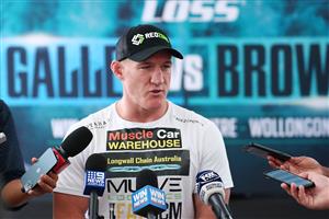 WOLLONGONG, AUSTRALIA - APRIL 20: Paul Gallen speaks to the media during the weigh in ahead of the bout between Paul Gallen and Lucas Browne at Novotel Wollongong Northbeach on April 20, 2021 in Wollongong, Australia. (Getty Images)