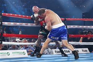 WOLLONGONG, AUSTRALIA - APRIL 21: Paul Gallen punches Lucas Browne during their bout at WIN Entertainment Centre on April 21, 2021 in Wollongong, Australia. (Getty Images)