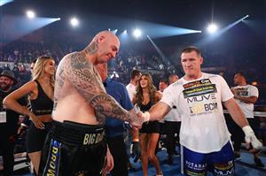 WOLLONGONG, AUSTRALIA - APRIL 21: Paul Gallen shakes hands with Lucas Browne after winning by TKO during their bout at WIN Entertainment Centre on April 21, 2021 in Wollongong, Australia. (Getty Images)