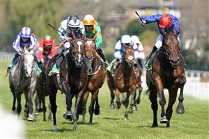 ESHER, ENGLAND - APRIL 23: Tom Marquand riding Alenquer (pale blue) at Sandown Park Racecourse on April 23, 2021 in Esher, England. Sporting venues around the UK remain under restrictions due to the Coronavirus Pandemic. Only owners are allowed to attend the meeting but the public must wait until further restrictions are lifted. (Photo by Alan Crowhurst/Getty Images)