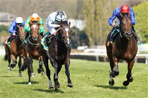 ESHER, ENGLAND - APRIL 23: Tom Marquand riding Alenquer (pale blue) at Sandown Park Racecourse on April 23, 2021 in Esher, England. Sporting venues around the UK remain under restrictions due to the Coronavirus Pandemic. Only owners are allowed to attend the meeting but the public must wait until further restrictions are lifted. (Photo by Alan Crowhurst/Getty Images)
