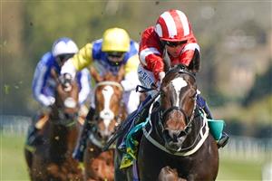 ESHER, ENGLAND - APRIL 23: Ben Curtis riding Naamoos win The bet365 Esher Cup Handicap at Sandown Park Racecourse on April 23, 2021 in Esher, England. Sporting venues around the UK remain under restrictions due to the Coronavirus Pandemic. Only owners are allowed to attend the meeting but the public must wait until further restrictions are lifted. (Photo by Alan Crowhurst/Getty Images)