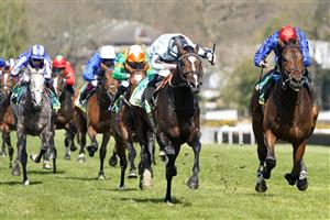 ESHER, ENGLAND - APRIL 23: Tom Marquand riding Alenquer (pale blue) at Sandown Park Racecourse on April 23, 2021 in Esher, England. Sporting venues around the UK remain under restrictions due to the Coronavirus Pandemic. Only owners are allowed to attend the meeting but the public must wait until further restrictions are lifted. (Photo by Alan Crowhurst/Getty Images)