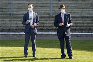 ESHER, ENGLAND - APRIL 23: Thady and John Gosden at Sandown Park Racecourse on April 23, 2021 in Esher, England. Sporting venues around the UK remain under restrictions due to the Coronavirus Pandemic. Only owners are allowed to attend the meeting but the public must wait until further restrictions are lifted. (Photo by Alan Crowhurst/Getty Images)