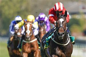 ESHER, ENGLAND - APRIL 23: Ben Curtis riding Naamoos win The bet365 Esher Cup Handicap at Sandown Park Racecourse on April 23, 2021 in Esher, England. Sporting venues around the UK remain under restrictions due to the Coronavirus Pandemic. Only owners are allowed to attend the meeting but the public must wait until further restrictions are lifted. (Photo by Alan Crowhurst/Getty Images)