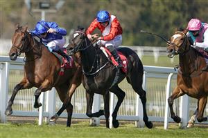 ESHER, ENGLAND - APRIL 23: William Buick riding Nash Nasha (blue) win The bet365 Fillies' Novice Stakes from Tom Marquand riding Breccia (red) at Sandown Park Racecourse on April 23, 2021 in Esher, England. Sporting venues around the UK remain under restrictions due to the Coronavirus Pandemic. Only owners are allowed to attend the meeting but the public must wait until further restrictions are lifted. (Photo by Alan Crowhurst/Getty Images)