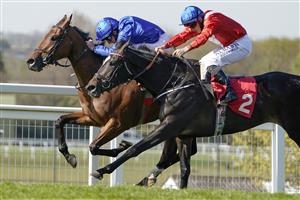 ESHER, ENGLAND - APRIL 23: William Buick riding Nash Nasha (blue) win The bet365 Fillies' Novice Stakes from Tom Marquand riding Breccia (red) at Sandown Park Racecourse on April 23, 2021 in Esher, England. Sporting venues around the UK remain under restrictions due to the Coronavirus Pandemic. Only owners are allowed to attend the meeting but the public must wait until further restrictions are lifted. (Photo by Alan Crowhurst/Getty Images)