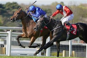 ESHER, ENGLAND - APRIL 23: William Buick riding Nash Nasha (blue) win The bet365 Fillies' Novice Stakes from Tom Marquand riding Breccia (red) at Sandown Park Racecourse on April 23, 2021 in Esher, England. Sporting venues around the UK remain under restrictions due to the Coronavirus Pandemic. Only owners are allowed to attend the meeting but the public must wait until further restrictions are lifted. (Photo by Alan Crowhurst/Getty Images)