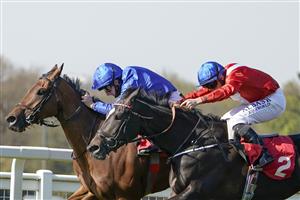 ESHER, ENGLAND - APRIL 23: William Buick riding Nash Nasha (blue) win The bet365 Fillies' Novice Stakes from Tom Marquand riding Breccia (red) at Sandown Park Racecourse on April 23, 2021 in Esher, England. Sporting venues around the UK remain under restrictions due to the Coronavirus Pandemic. Only owners are allowed to attend the meeting but the public must wait until further restrictions are lifted. (Photo by Alan Crowhurst/Getty Images)