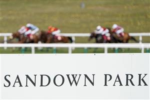 ESHER, ENGLAND - APRIL 23: A general view as runners race up the five furlong track with a sign in the foreground at Sandown Park Racecourse on April 23, 2021 in Esher, England. Sporting venues around the UK remain under restrictions due to the Coronavirus Pandemic. Only owners are allowed to attend the meeting but the public must wait until further restrictions are lifted. (Photo by Alan Crowhurst/Getty Images)