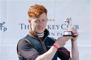 ESHER, ENGLAND - APRIL 24: Danny McMenamin with his Champion Conditional Jockey trophy for the national hunt season 2020-21 at Sandown Park Racecourse on April 24, 2021 in Esher, England. Sporting venues around the UK remain under restrictions due to the Coronavirus Pandemic. Only owners are allowed to attend the meeting but the public must wait until further restrictions are lifted. (Photo by Alan Crowhurst/Getty Images)