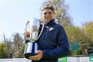 ESHER, ENGLAND - APRIL 24: Harry Skelton celebrates with his Champion Jockey trophy for the national hunt season 2020-21 at Sandown Park Racecourse on April 24, 2021 in Esher, England. Sporting venues around the UK remain under restrictions due to the Coronavirus Pandemic. Only owners are allowed to attend the meeting but the public must wait until further restrictions are lifted. (Photo by Alan Crowhurst/Getty Images)