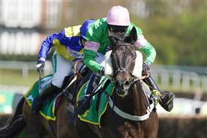 ESHER, ENGLAND - APRIL 24: Paddy Brennan riding Herbiers (green) clear the last to win The bet365 Novices' Championship Final Handicap Hurdle at Sandown Park Racecourse on April 24, 2021 in Esher, England. Sporting venues around the UK remain under restrictions due to the Coronavirus Pandemic. Only owners are allowed to attend the meeting but the public must wait until further restrictions are lifted. (Photo by Alan Crowhurst/Getty Images)