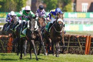 ESHER, ENGLAND - APRIL 24: Paddy Brennan riding Herbiers (green) clear the last to win The bet365 Novices' Championship Final Handicap Hurdle at Sandown Park Racecourse on April 24, 2021 in Esher, England. Sporting venues around the UK remain under restrictions due to the Coronavirus Pandemic. Only owners are allowed to attend the meeting but the public must wait until further restrictions are lifted. (Photo by Alan Crowhurst/Getty Images)