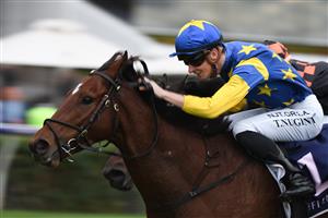 MELBOURNE, AUSTRALIA - APRIL 25: Teodore Nugent riding Our Lone Star winning Race 8, the Flt Lt Peter Armytage Handicap, during Anzac Day Race Day at Flemington Racecourse on April 25, 2021 in Melbourne, Australia. (Photo by Vince Caligiuri/Getty Images)