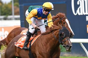 MELBOURNE, AUSTRALIA - APRIL 24: Matthew Cartwright riding Curran winning race 5, the The Di Beretta Handicap, during Melbourne Racing at Caulfield Racecourse on April 24, 2021 in Melbourne, Australia. (Photo by Vince Caligiuri/Getty Images)