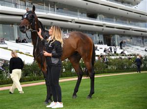 MELBOURNE, AUSTRALIA - APRIL 25: Through Irish Eyes after winning race 6, the Vrc St Leger, during Anzac Day Race Day at Flemington Racecourse on April 25, 2021 in Melbourne, Australia. (Photo by Vince Caligiuri/Getty Images)