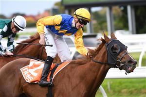 MELBOURNE, AUSTRALIA - APRIL 24: Matthew Cartwright riding Curran winning race 5, the The Di Beretta Handicap, during Melbourne Racing at Caulfield Racecourse on April 24, 2021 in Melbourne, Australia. (Photo by Vince Caligiuri/Getty Images)