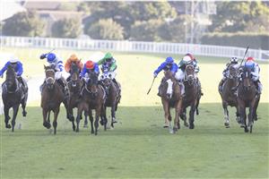 SYDNEY, AUSTRALIA - APRIL 24: Brenton Avdulla (white, blue cap) on Kolding wins race 7 the Schweppes All Aged Stakes during Sydney Racing at Royal Randwick Racecourse on April 24, 2021 in Sydney, Australia. (Photo by Jenny Evans/Getty Images)