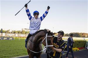 SYDNEY, AUSTRALIA - APRIL 24: Brenton Avdulla cheers after winning race 7 the Schweppes All Aged Stakes on Kolding during Sydney Racing at Royal Randwick Racecourse on April 24, 2021 in Sydney, Australia. (Photo by Jenny Evans/Getty Images)
