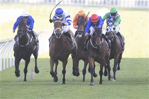 SYDNEY, AUSTRALIA - APRIL 24: Brenton Avdulla (white, blue cap) on Kolding wins race 7 the Schweppes All Aged Stakes during Sydney Racing at Royal Randwick Racecourse on April 24, 2021 in Sydney, Australia. (Photo by Jenny Evans/Getty Images)