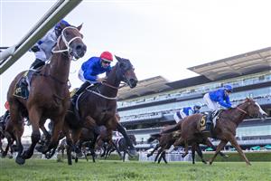 SYDNEY, AUSTRALIA - APRIL 24: Brenton Avdulla (white, blue cap) on Kolding wins race 7 the Schweppes All Aged Stakes during Sydney Racing at Royal Randwick Racecourse on April 24, 2021 in Sydney, Australia. (Photo by Jenny Evans/Getty Images)