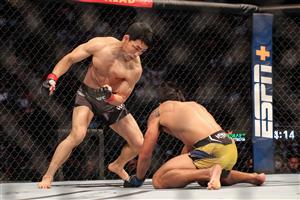 JACKSONVILLE, FL - APRIL 24: Danaa Batgerel of Mongolia knocks down Kevin Natividad of United States during UFC 261 at VyStar Veterans Memorial Arena on April 24, 2021 in Jacksonville, Florida. (Getty Images)