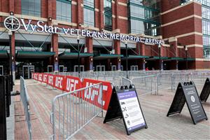 JACKSONVILLE, FL - APRIL 24: Gates are set up at the entrance for fans attending the UFC 261 event at VyStar Veterans Memorial Arena on April 24, 2021 in Jacksonville, Florida. (Getty Images)