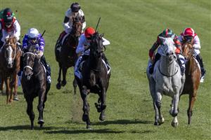 SYDNEY, AUSTRALIA - APRIL 24: Hugh Bowman on Senor Toba (grey) wins race 3 the Acy Securities Frank Packer Plate during Sydney Racing at Royal Randwick Racecourse on April 24, 2021 in Sydney, Australia. (Photo by Jenny Evans/Getty Images)