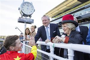 SYDNEY, AUSTRALIA - APRIL 24: Henry Field congratulates James McDonald after winning race 6 the Moët & Chandon Champagne Stakes during Sydney Racing at Royal Randwick Racecourse on April 24, 2021 in Sydney, Australia. (Photo by Jenny Evans/Getty Images)